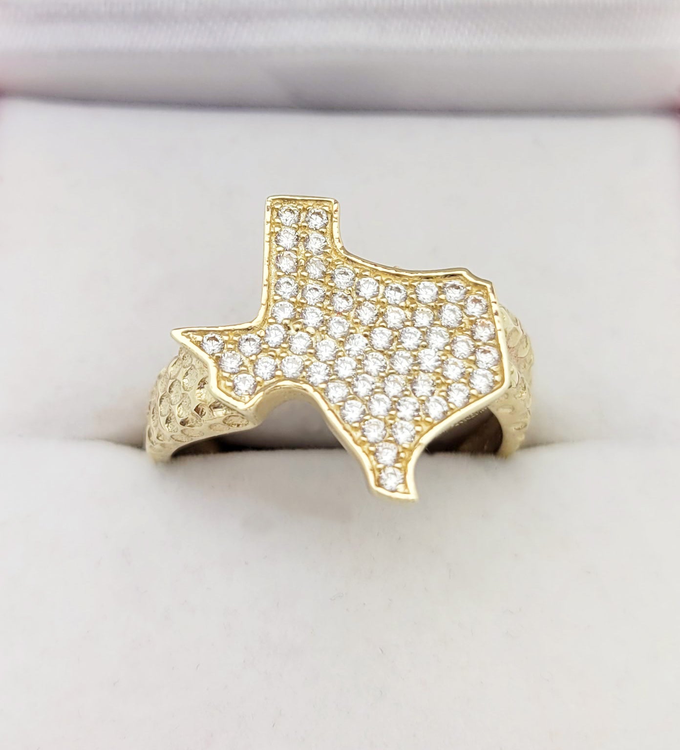 STUNU 10K Yellow Gold Nugget Texas Ring Texas Map CZ Ring