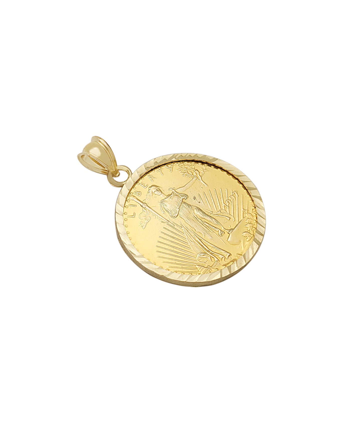 10K Yellow Gold Walking Liberty Coin Pendant Diamond Cut Bezel 1.1 inch Diameter