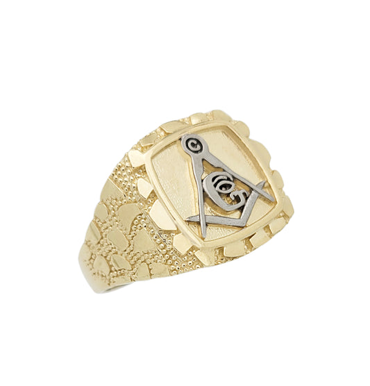 Men's 10K Yellow Gold Masonic Ring Freemason Ring Nugget Gold Ring