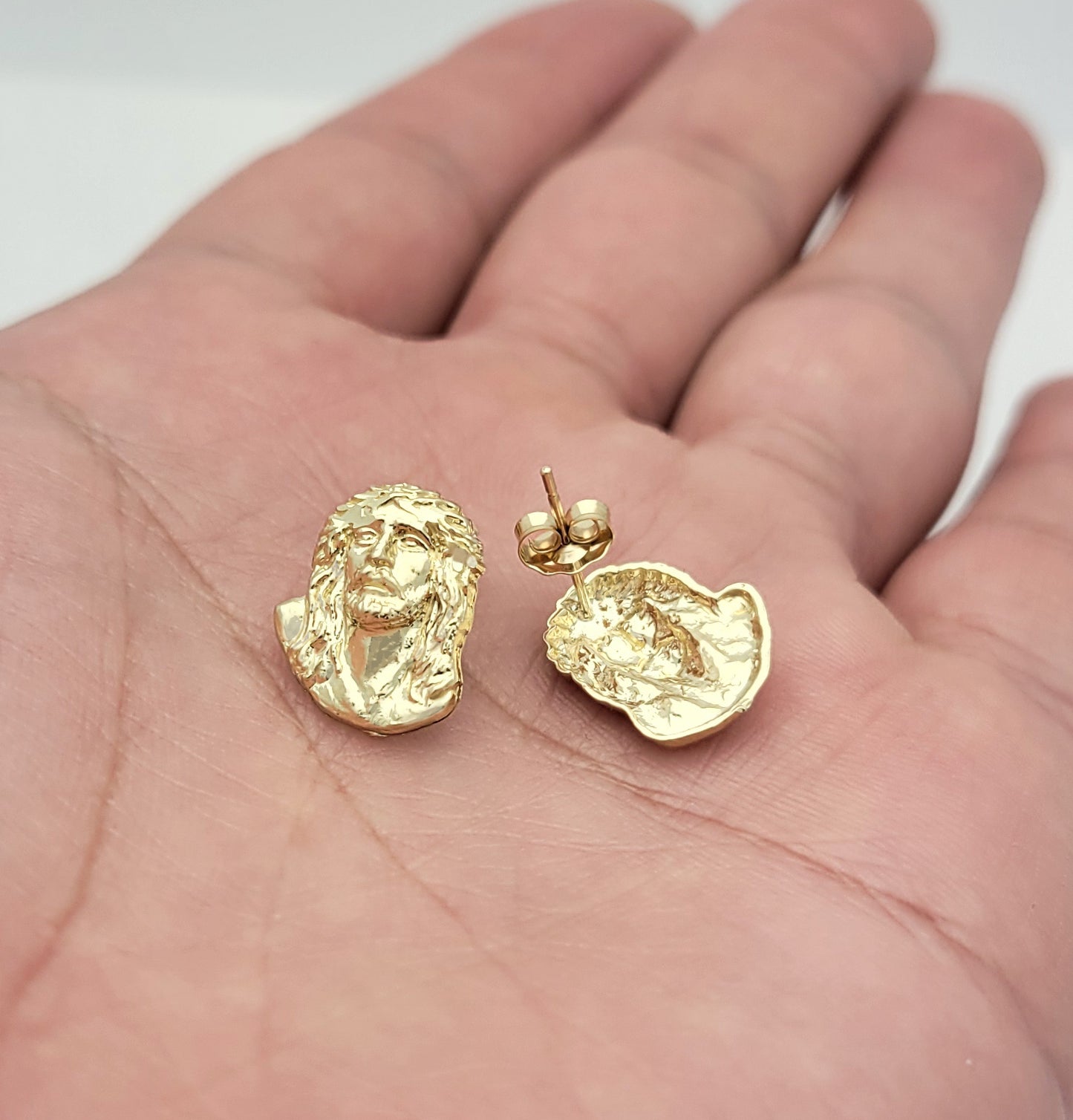 10K Yellow Gold Jesus Earrings For Men Jesus Face Earrings 14 mm x 11.5 mm