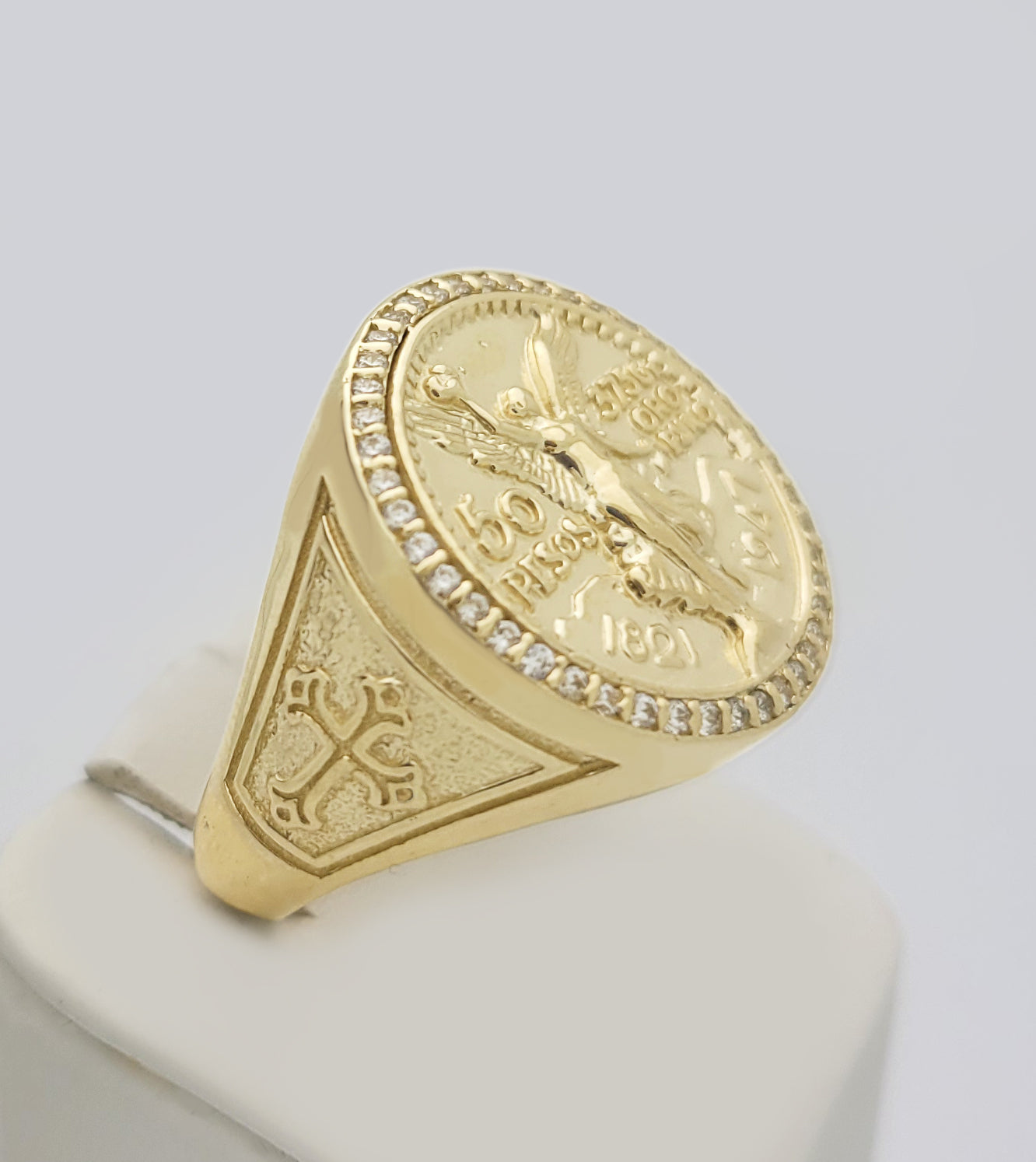 10K Yellow Gold 50 Pesos 1821 Coin Ring CZ Ring