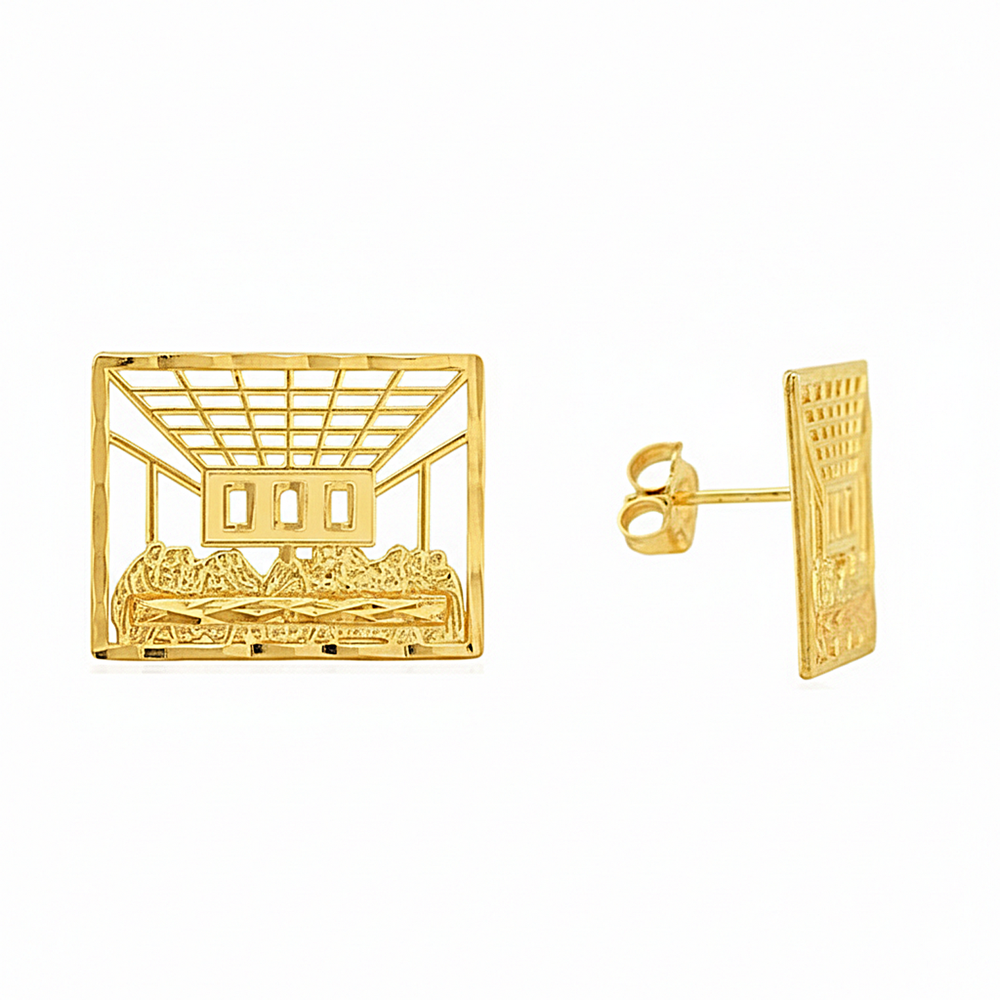 Men's Gold Last Supper Earrings 10K Yellow Gold Rectangle Last Supper Earrings 0.75 in x 0.6 in