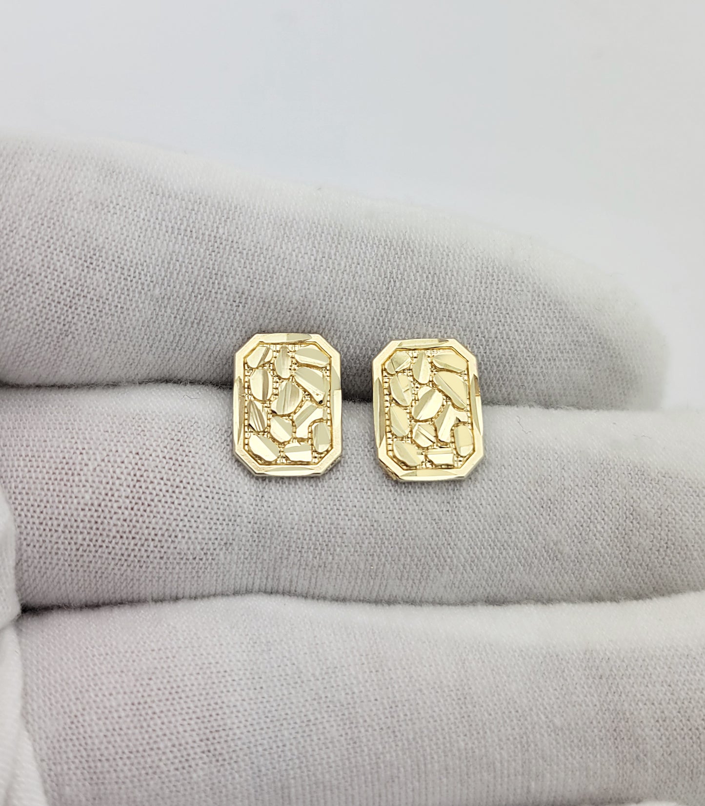 10K Gold Nugget Earrings for Men & Women, Real Yellow Gold Octagon Rectangular Studs, Hip Hop Jewelry