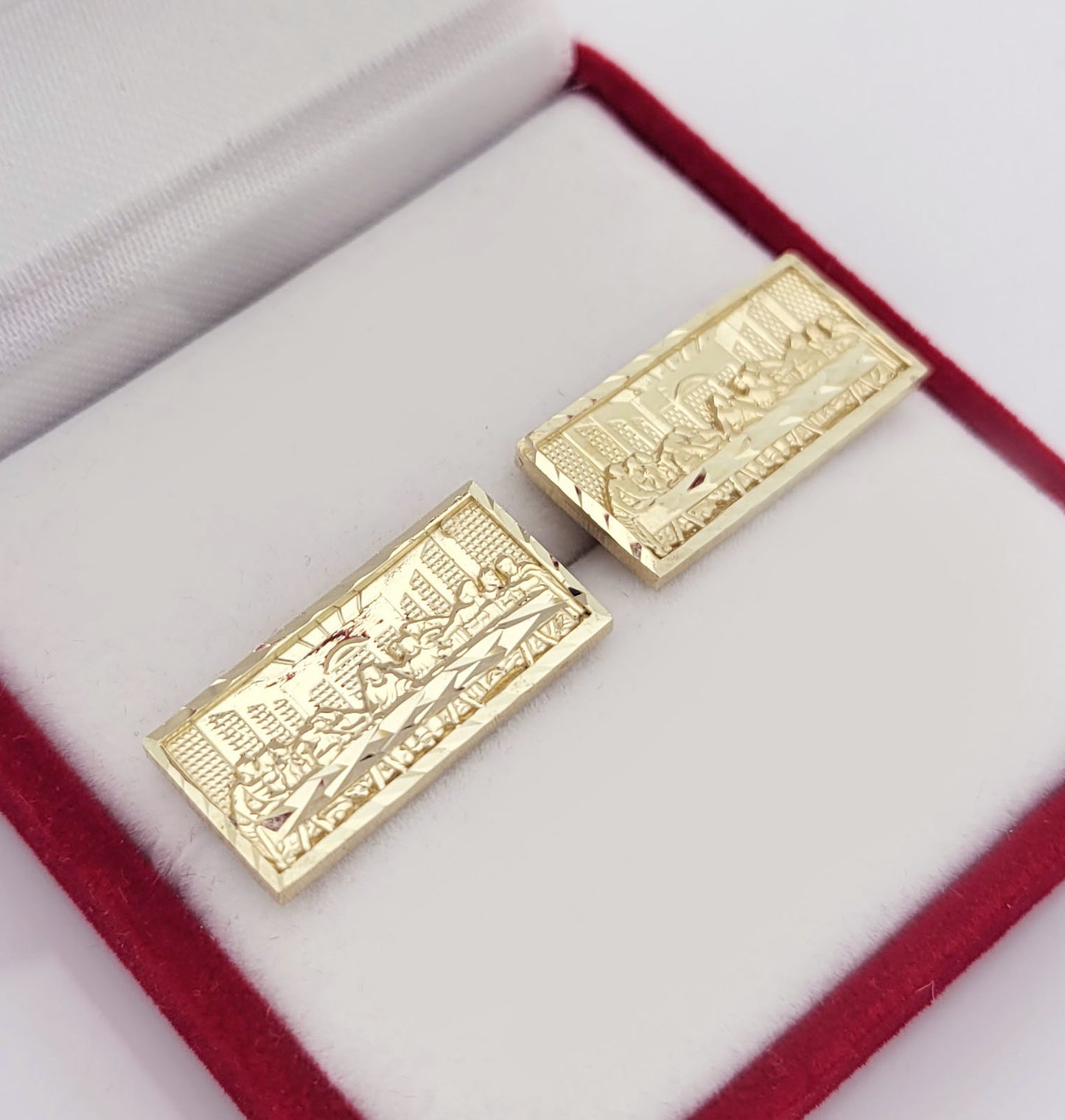 Men's Gold Last Supper Earrings 10K Yellow Gold Rectangle Last Supper Earrings 20 mm x 10 mm