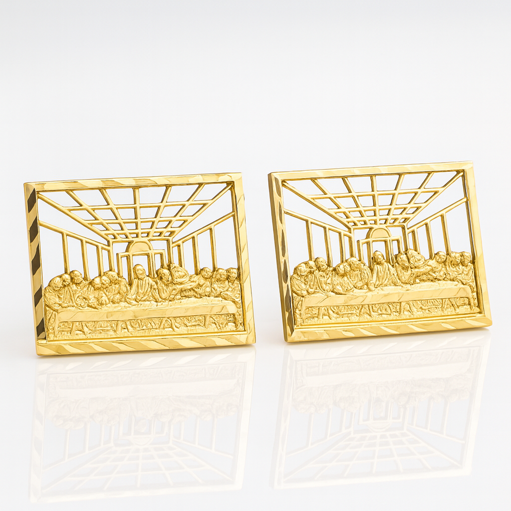 Men's Gold Last Supper Earrings 10K Yellow Gold Rectangle Last Supper Earrings 0.75 in x 0.6 in