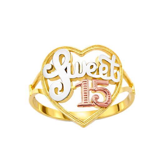 10K Tri Color Gold Sweet 15 Heart Quinceanera Ring 15 Anos
