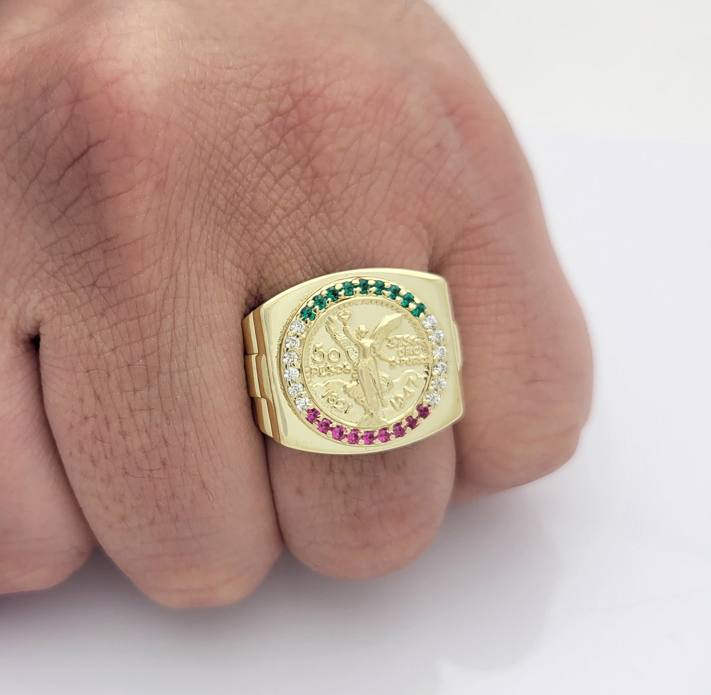 10K Yellow Gold 50 Pesos Coin Ring Nugget Gold Ring Mexican Flag Color Ring 7.5 g