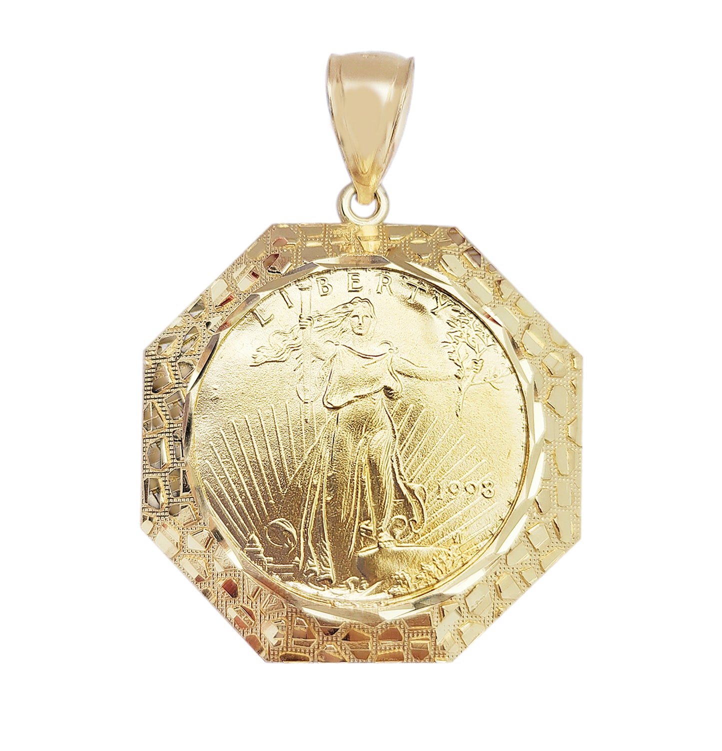 10K Yellow Gold Mens Walking Liberty Coin and Octagon Nugget Bezel Pendant 7.5 g