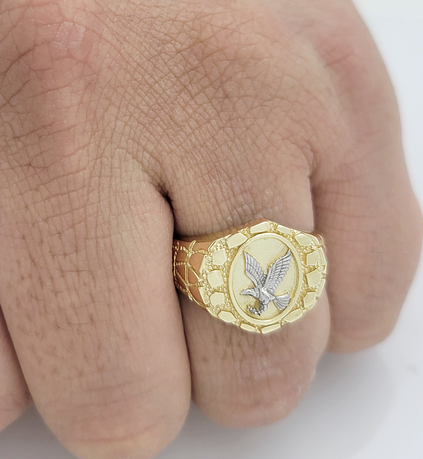 10K Solid Gold Eagle Ring Mens Gold Nugget Ring Oval Shape
