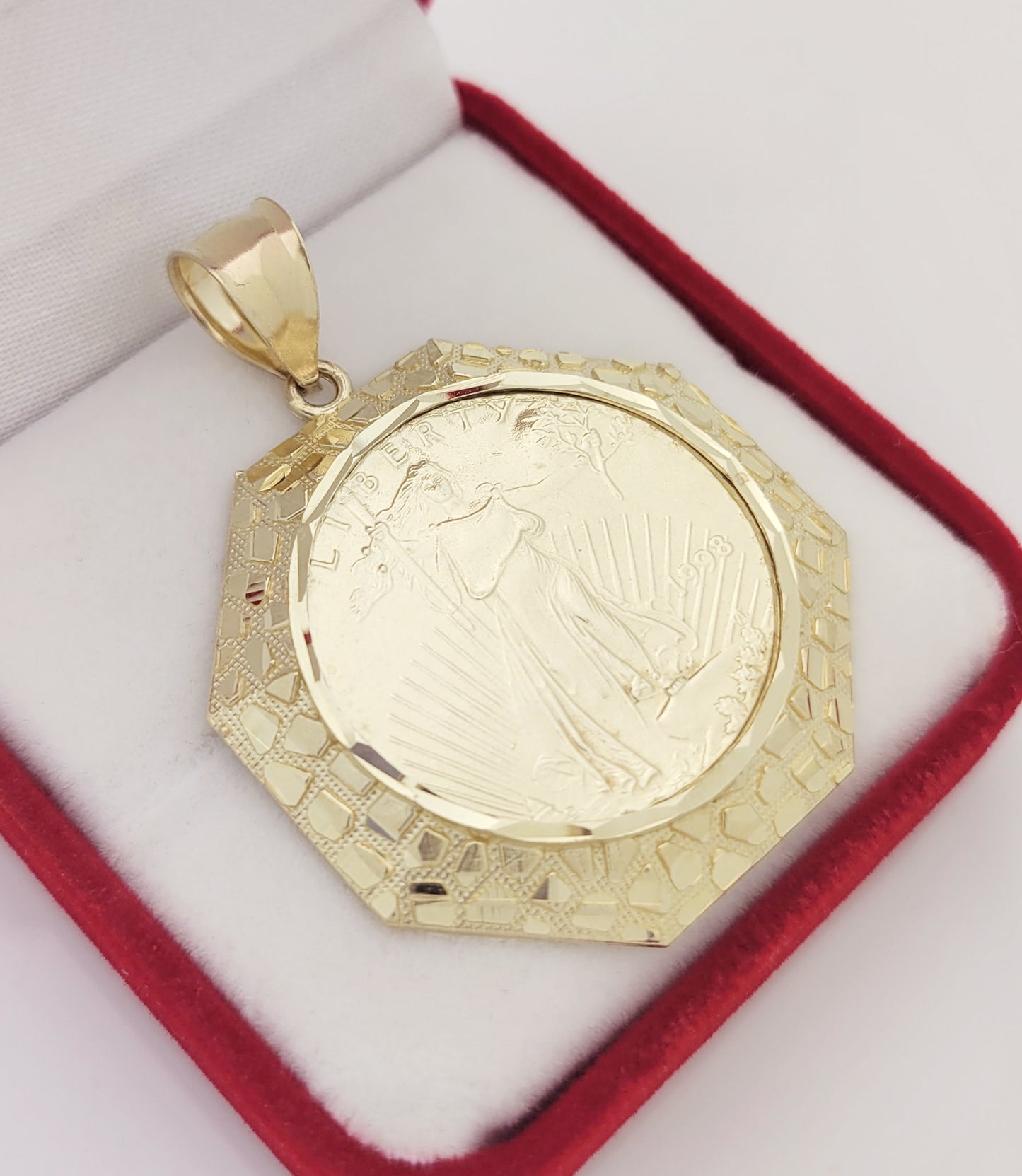 10K Yellow Gold Mens Walking Liberty Coin and Octagon Nugget Bezel Pendant 7.5 g