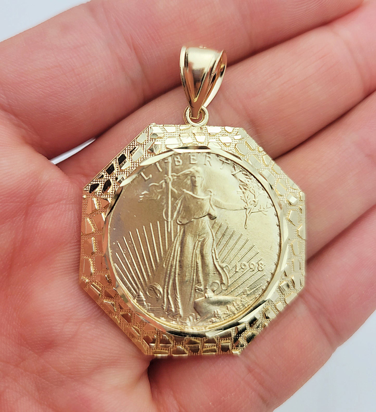 10K Yellow Gold Mens Walking Liberty Coin and Octagon Nugget Bezel Pendant 7.5 g