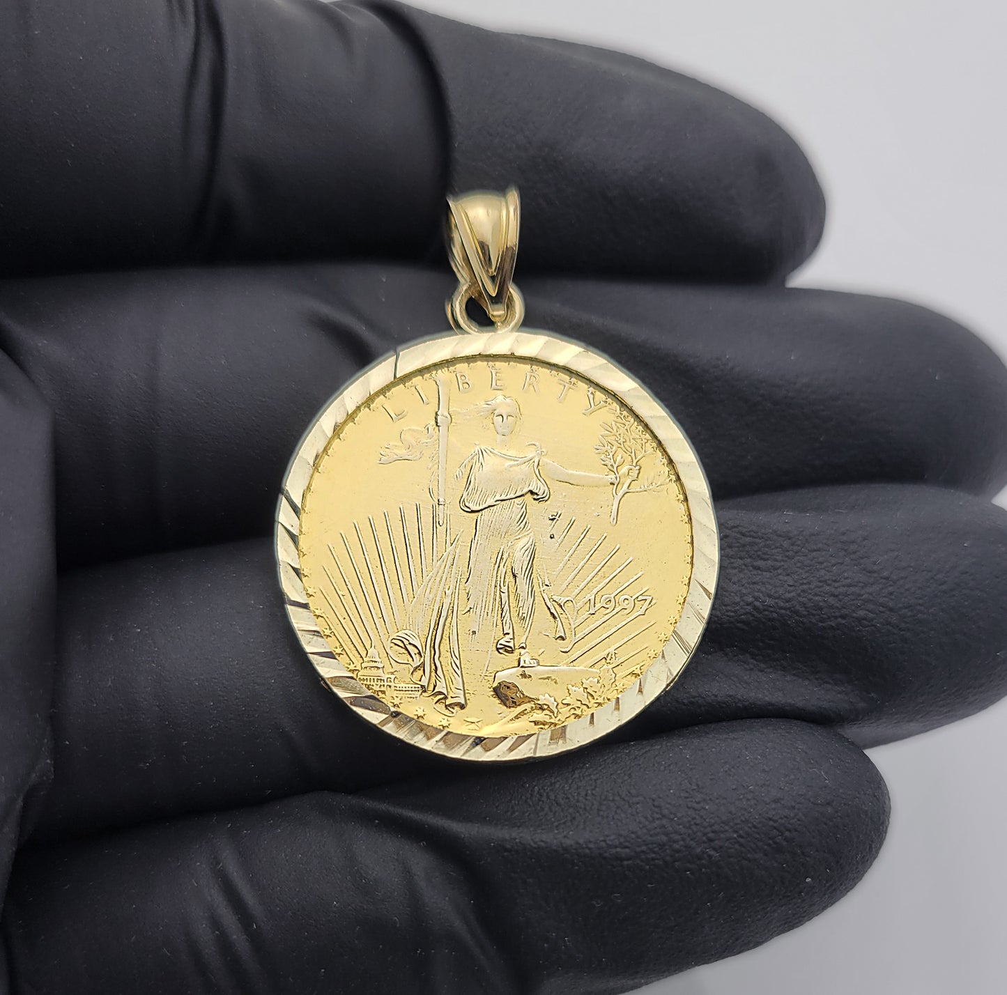 10K Yellow Gold Walking Liberty Coin Pendant Diamond Cut Bezel 1.1 inch Diameter