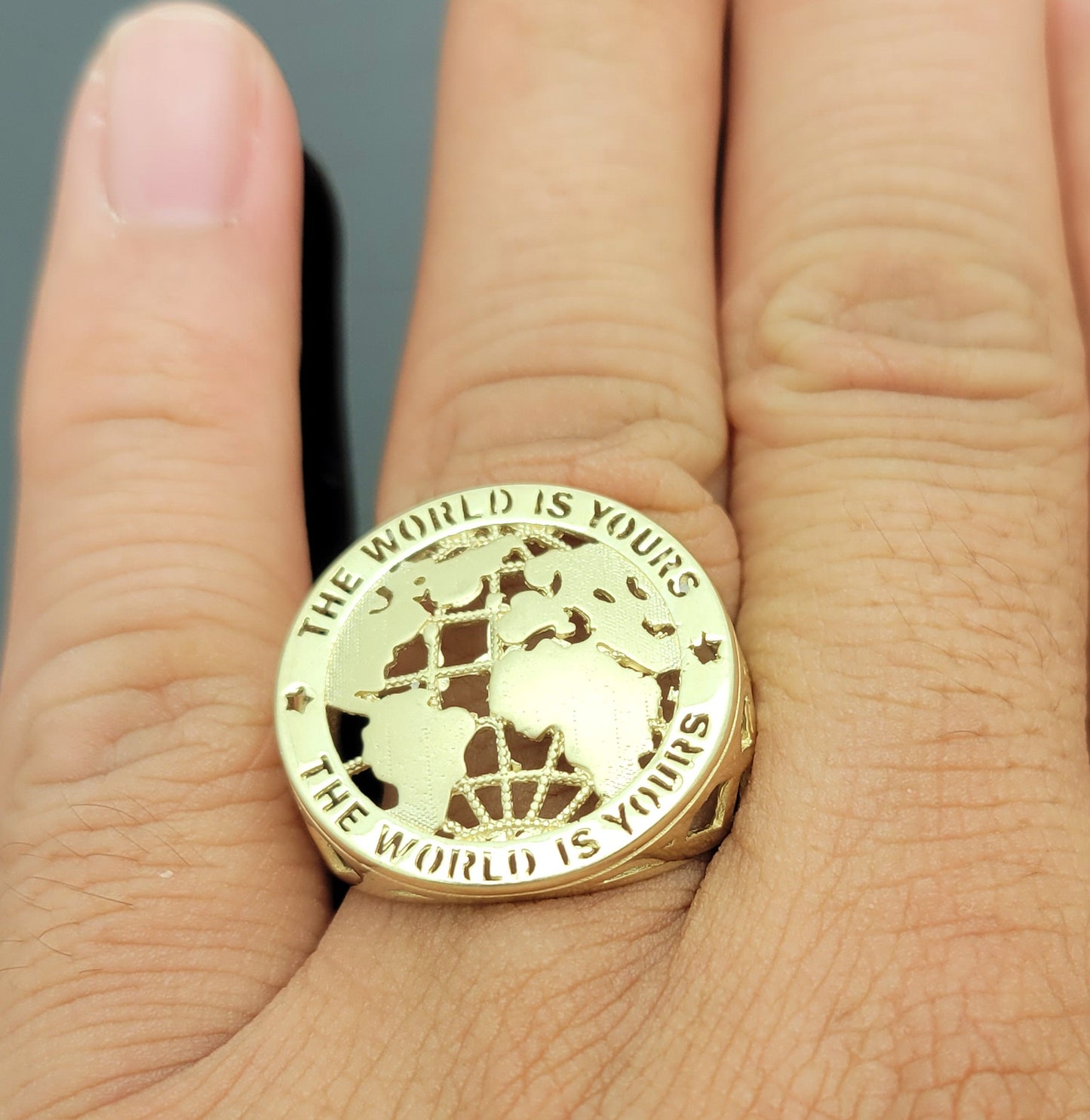 10K Yellow Gold Men's World Map Ring Globe Ring