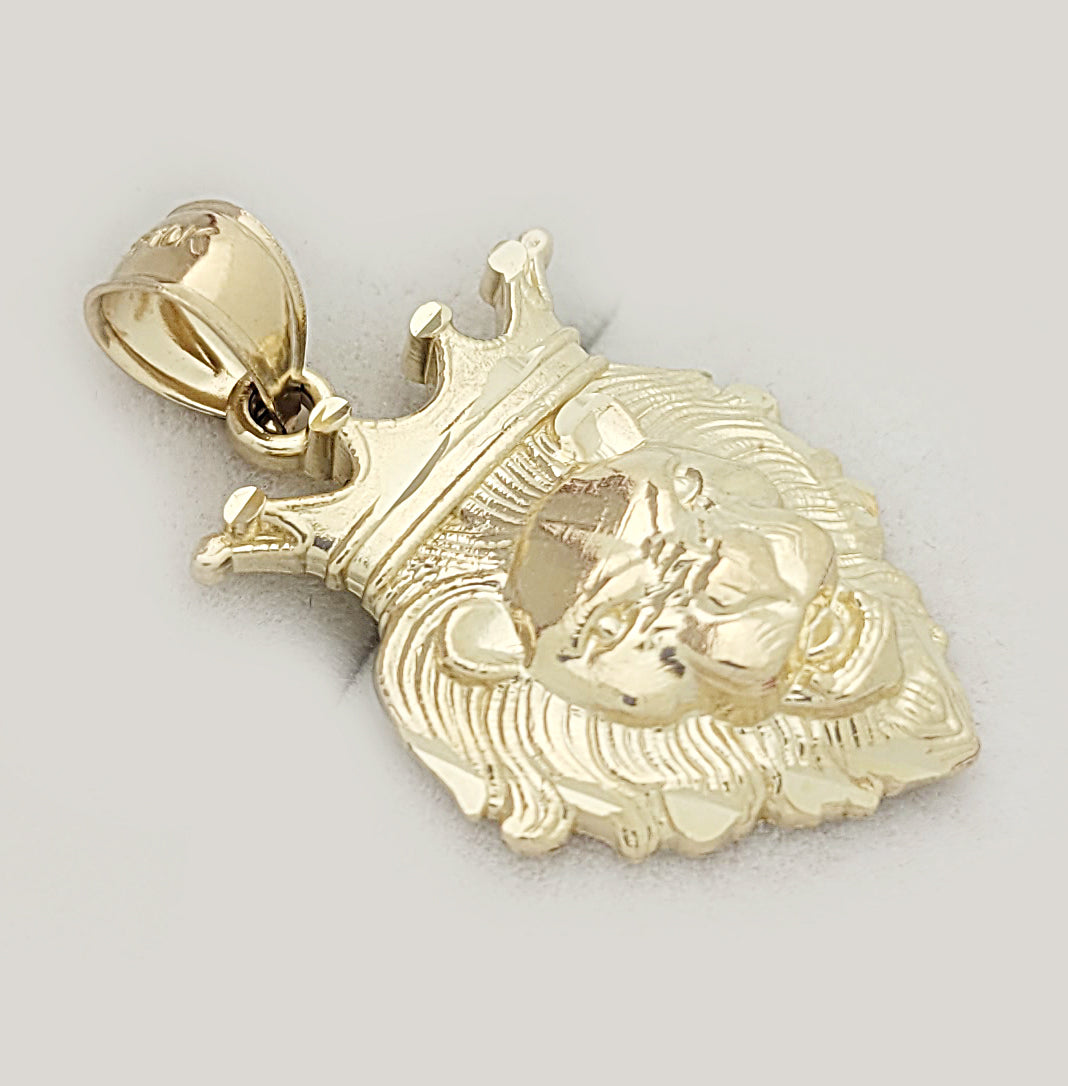 10K Yellow Gold Crown Lion Face Charm Pendant Lion Head Crown