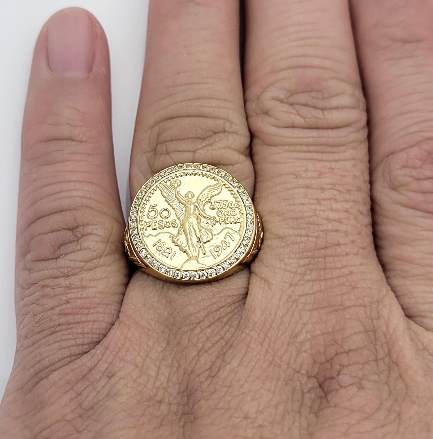 10K Yellow Gold 50 Pesos 1821 Coin Ring CZ Ring
