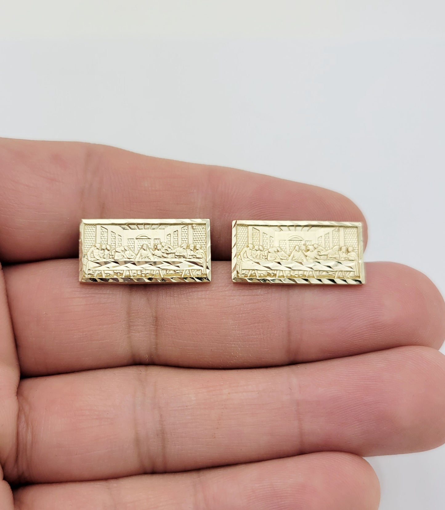 Men's Gold Last Supper Earrings 10K Yellow Gold Rectangle Last Supper Earrings 20 mm x 10 mm