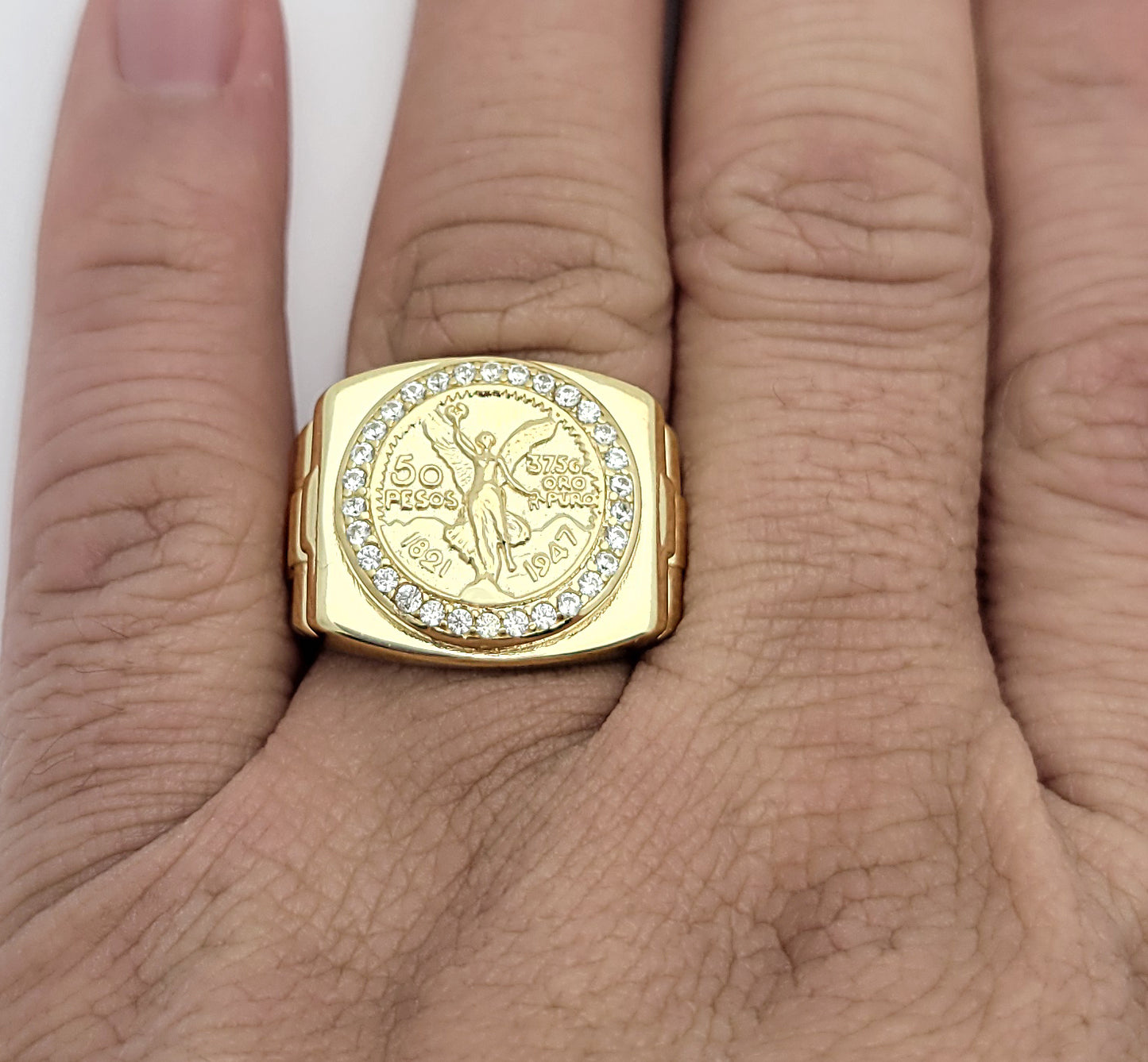 10K Yellow Gold 50 Pesos 1821 Coin Ring CZ Ring 7.5 g