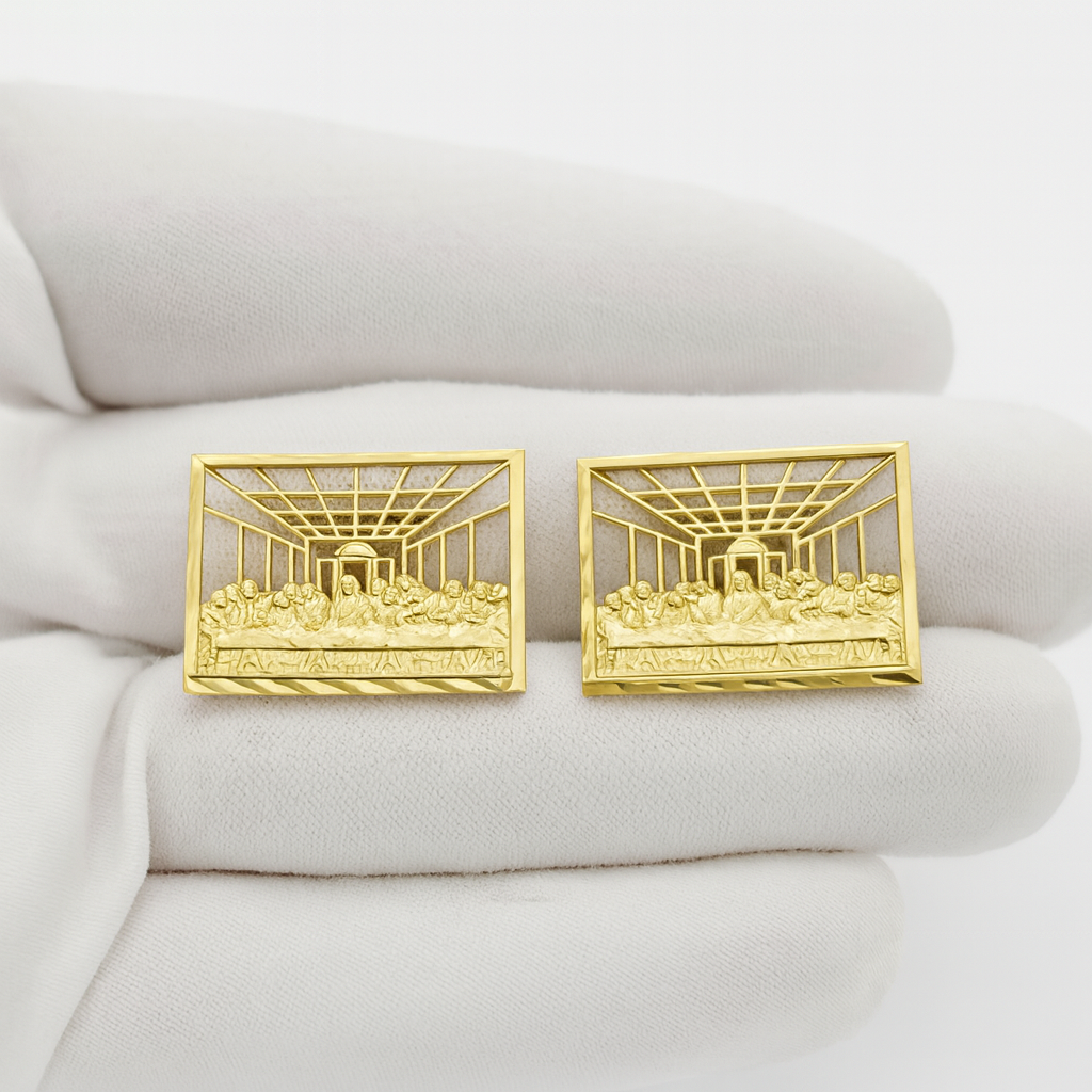Men's Gold Last Supper Earrings 10K Yellow Gold Rectangle Last Supper Earrings 0.75 in x 0.6 in