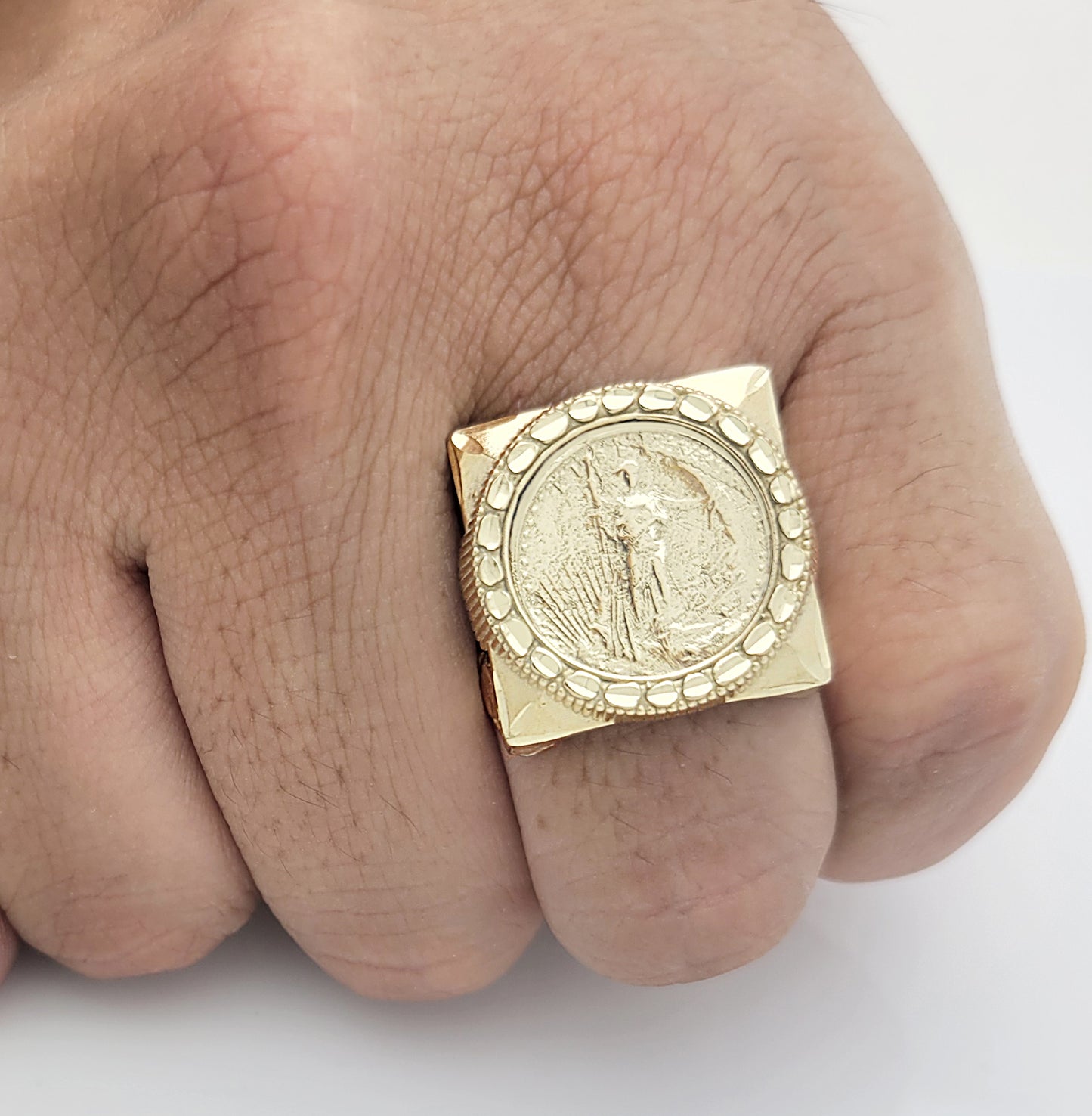 10K Yellow Gold Liberty Coin Ring For Men St. Gaudens Double Eagle Liberty Coin Square Ring