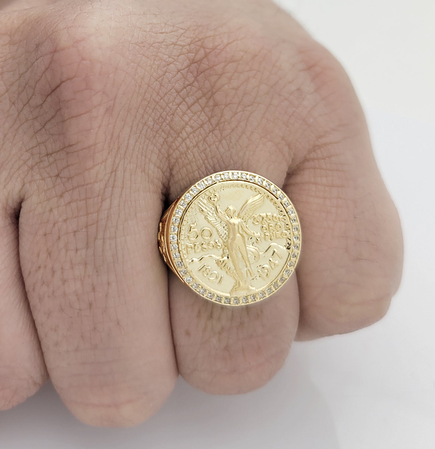 10K Yellow Gold 50 Pesos 1821 Coin Ring CZ Ring