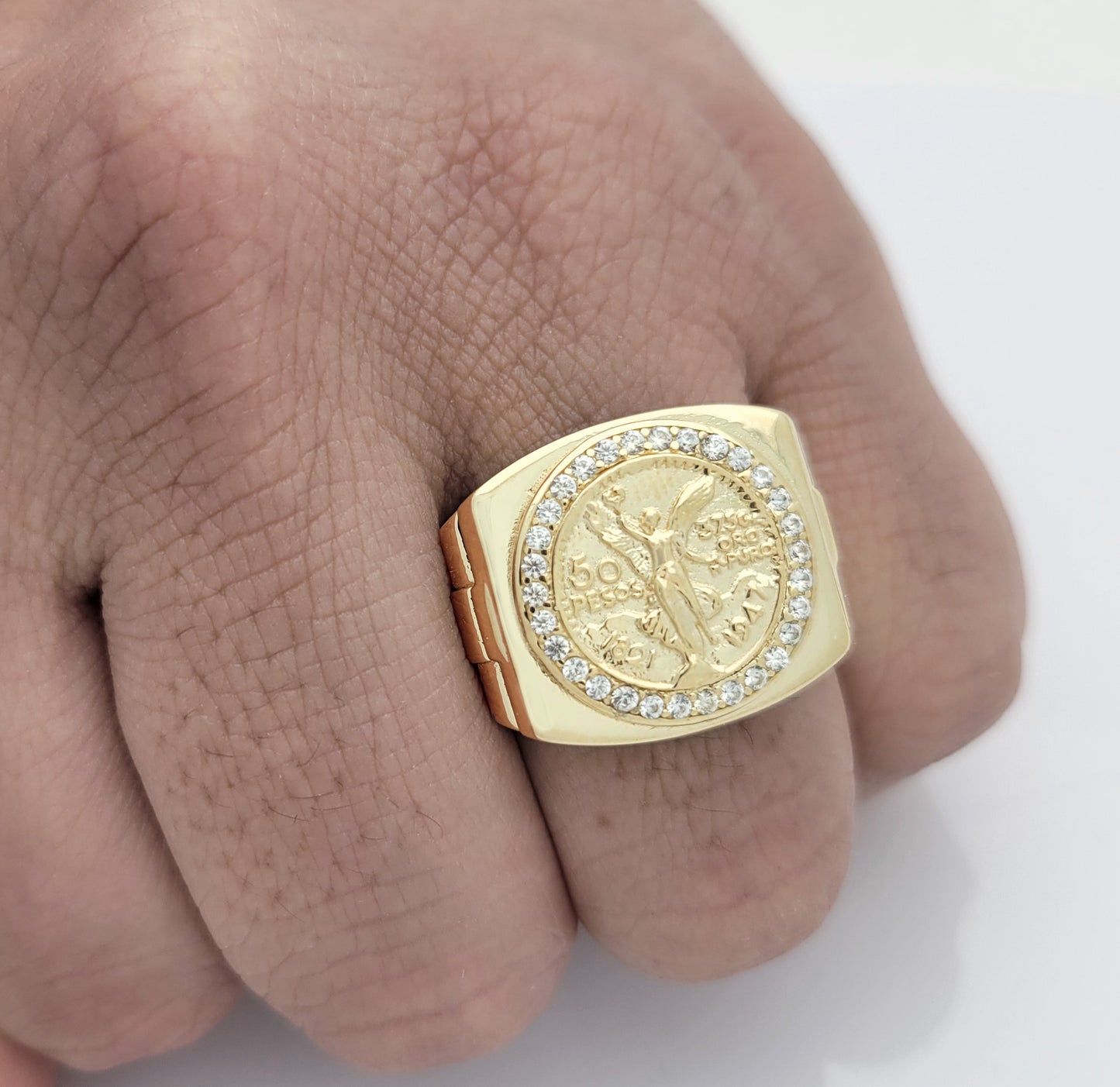 10K Yellow Gold 50 Pesos 1821 Coin Ring CZ Ring 7.5 g