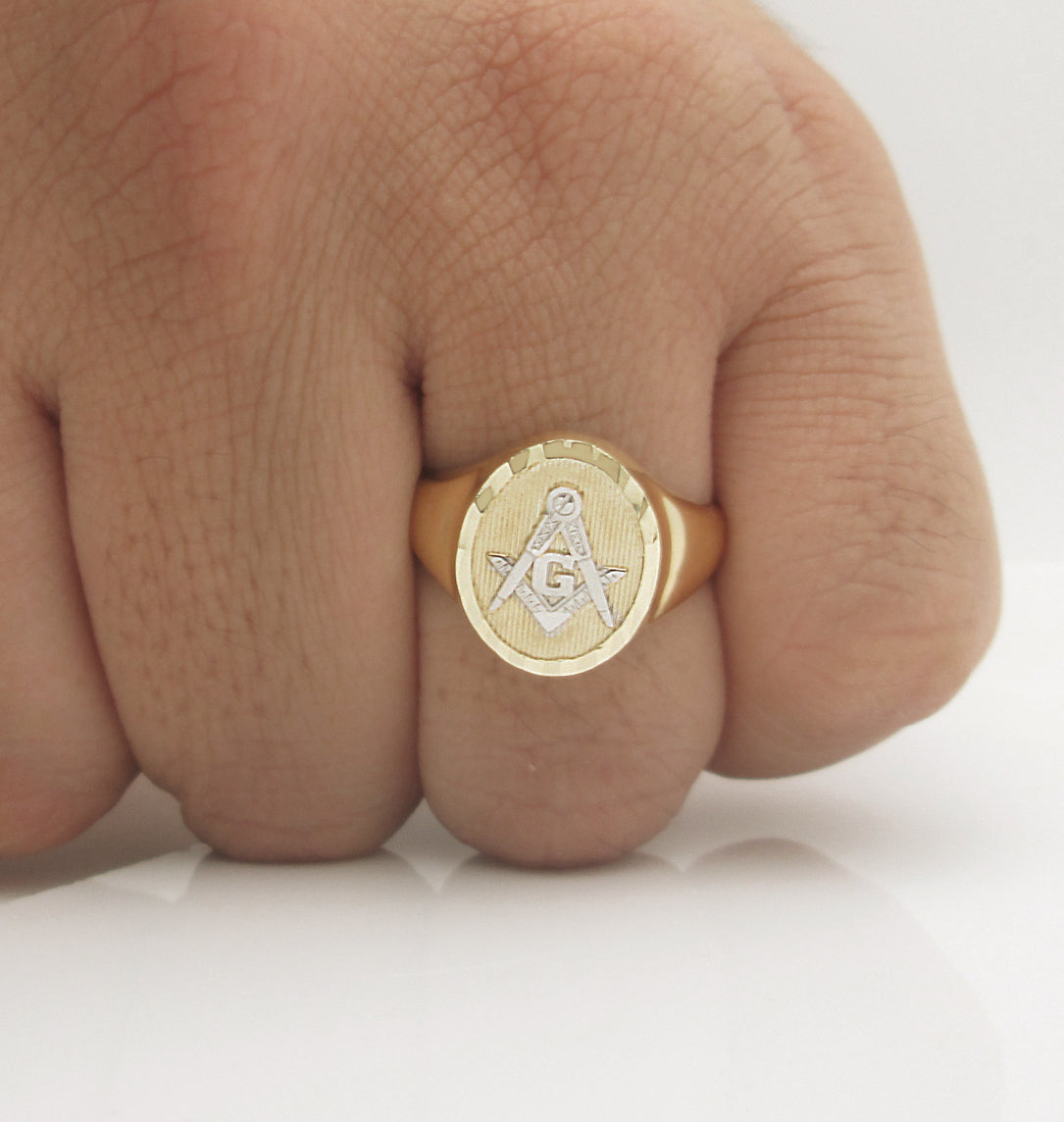 Men's 10K Yellow Gold Masonic Ring Freemason Ring Oval