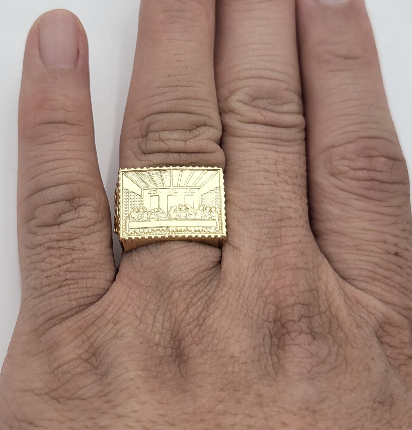 10K Yellow Gold Thin Last Supper Ring For Men Size 11