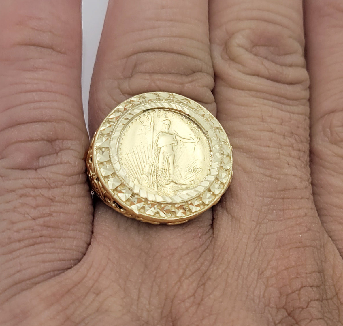 10K Yellow Gold Liberty Coin Ring For Men St. Gaudens Double Eagle Liberty Coin Ring Diamond Cut Frame 9.2 g