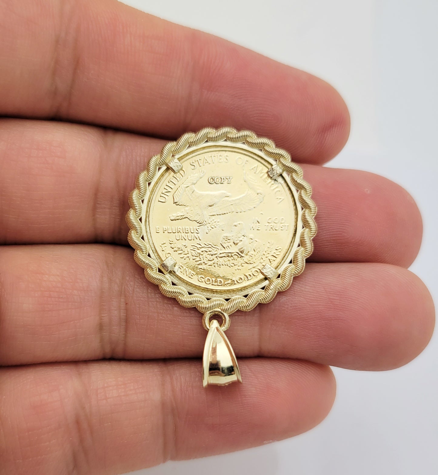 10K Yellow Gold Mens Walking Liberty Coin Pendant Rope Frame