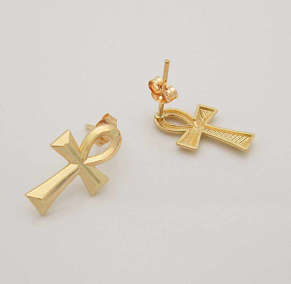 10K Yellow Gold Ankh Cross Earrings Egyptian Cross Earrings