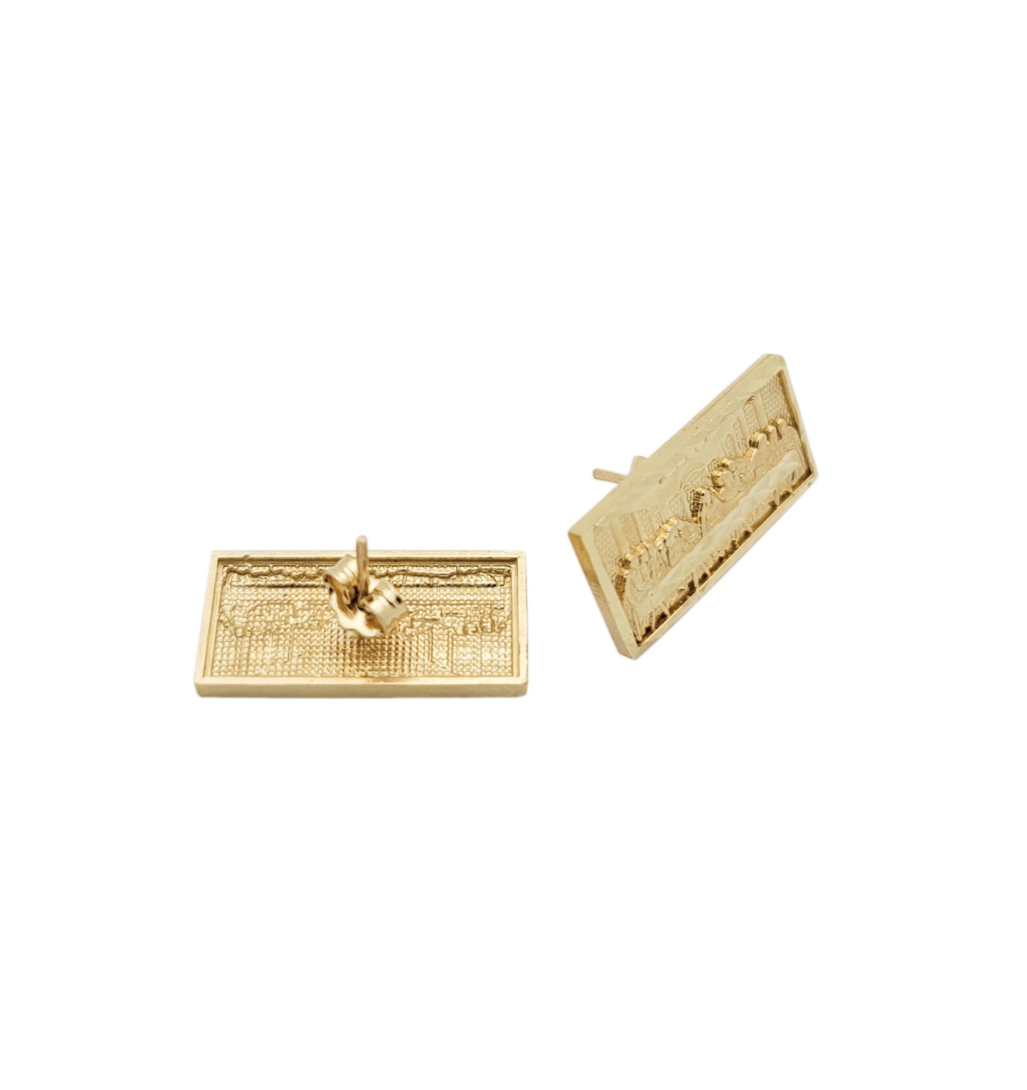 Men's Gold Last Supper Earrings 10K Yellow Gold Rectangle Last Supper Earrings 20 mm x 10 mm