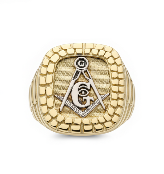 Men's 10k Yellow Gold Freemason Ring - Real Solid Gold Masonic Signet Ring for Men