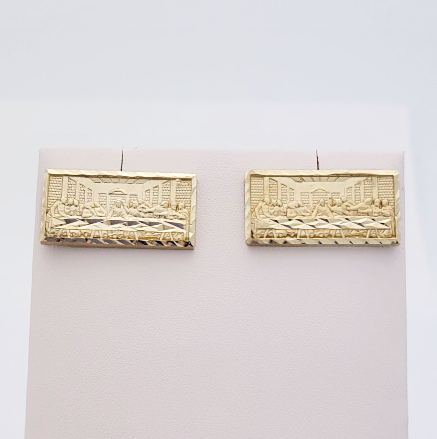 Men's Gold Last Supper Earrings 10K Yellow Gold Rectangle Last Supper Earrings 20 mm x 10 mm