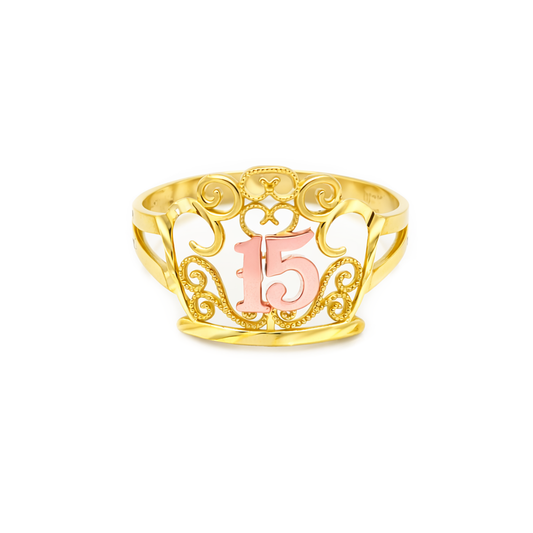 10K Yellow Gold Quinceañera Crown Ring with Rose Gold 15" Number, Sweet 15 Birthday Tiara Ring, Size 7.5