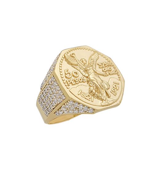 10K Yellow Gold 50 Pesos 1821 Coin Design Ring a Product cast with a coin design Octagon Ring