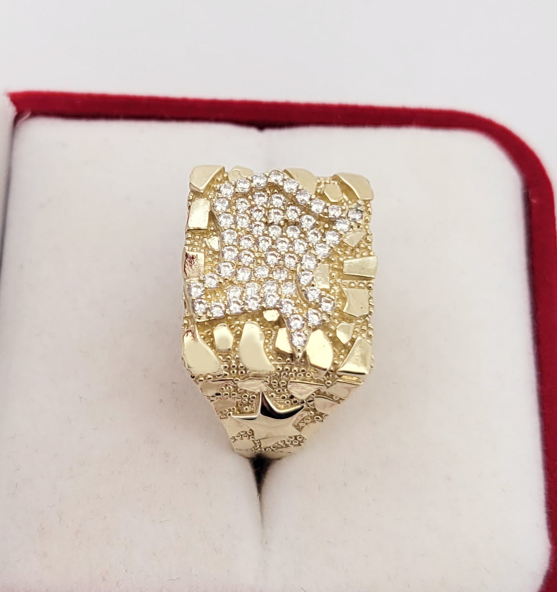 10K Yellow Gold Nugget Texas Ring For Men Texas State Gold CZ Ring