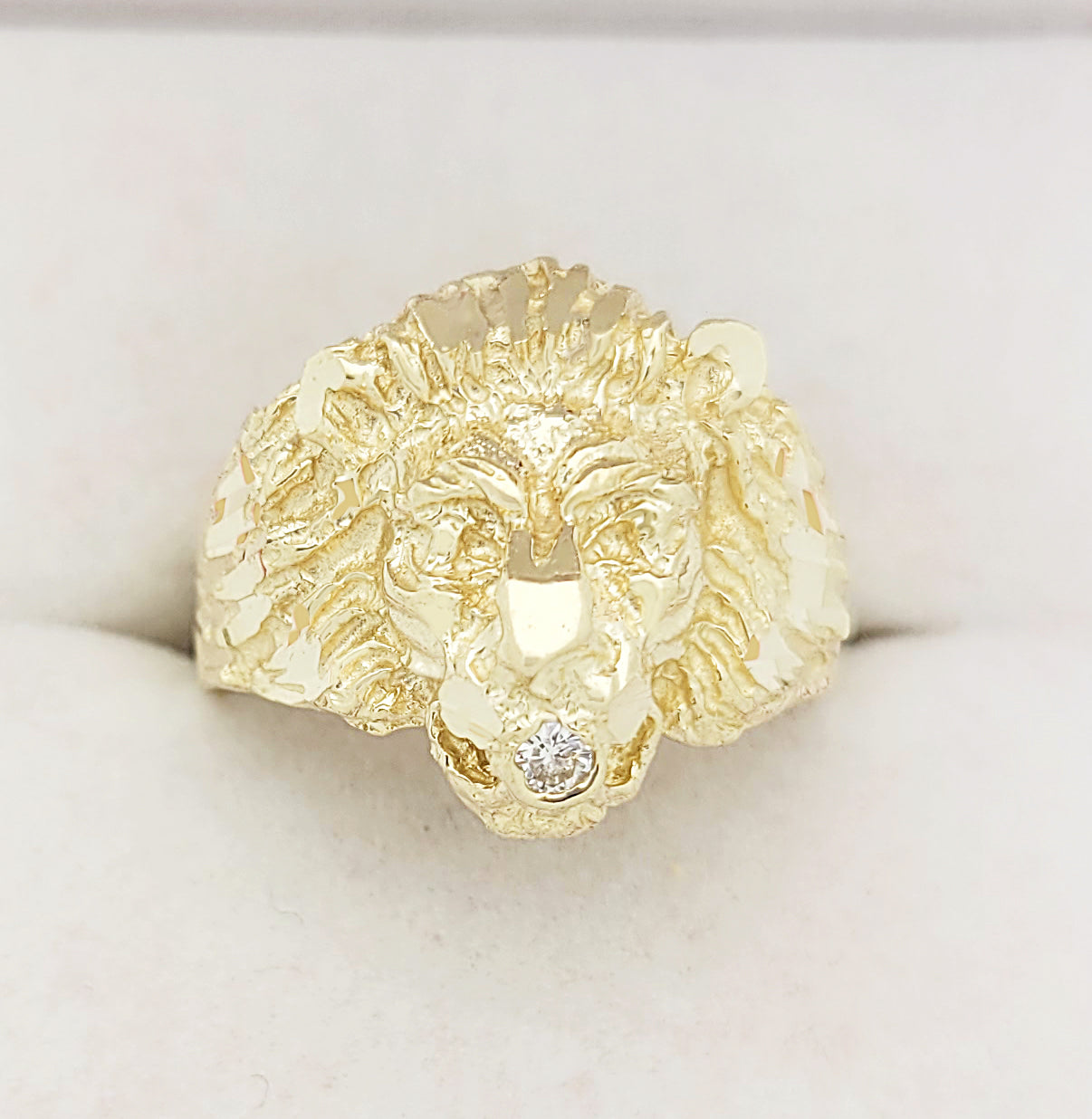 Men's Lion Head Ring 10K Yellow Gold Lion Face CZ on the Mouth Ring Size 8