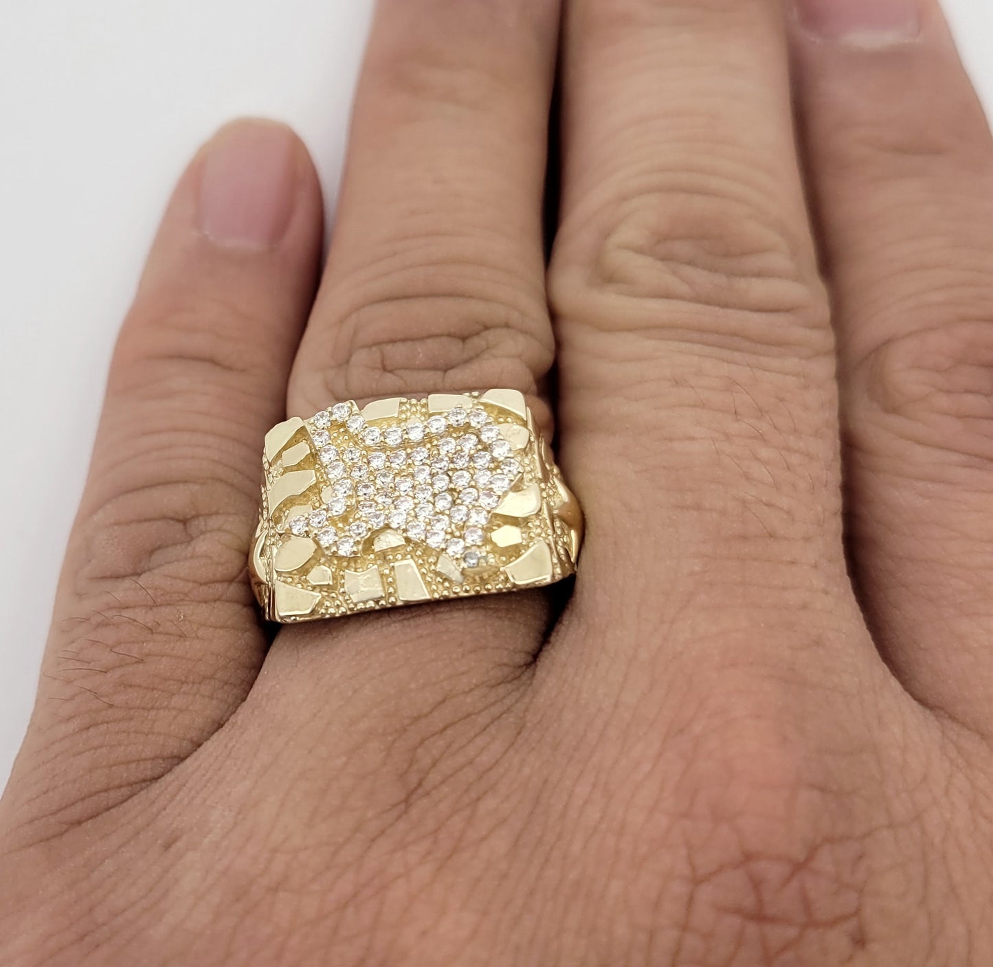 10K Yellow Gold Nugget Texas Ring For Men Texas State Gold CZ Ring