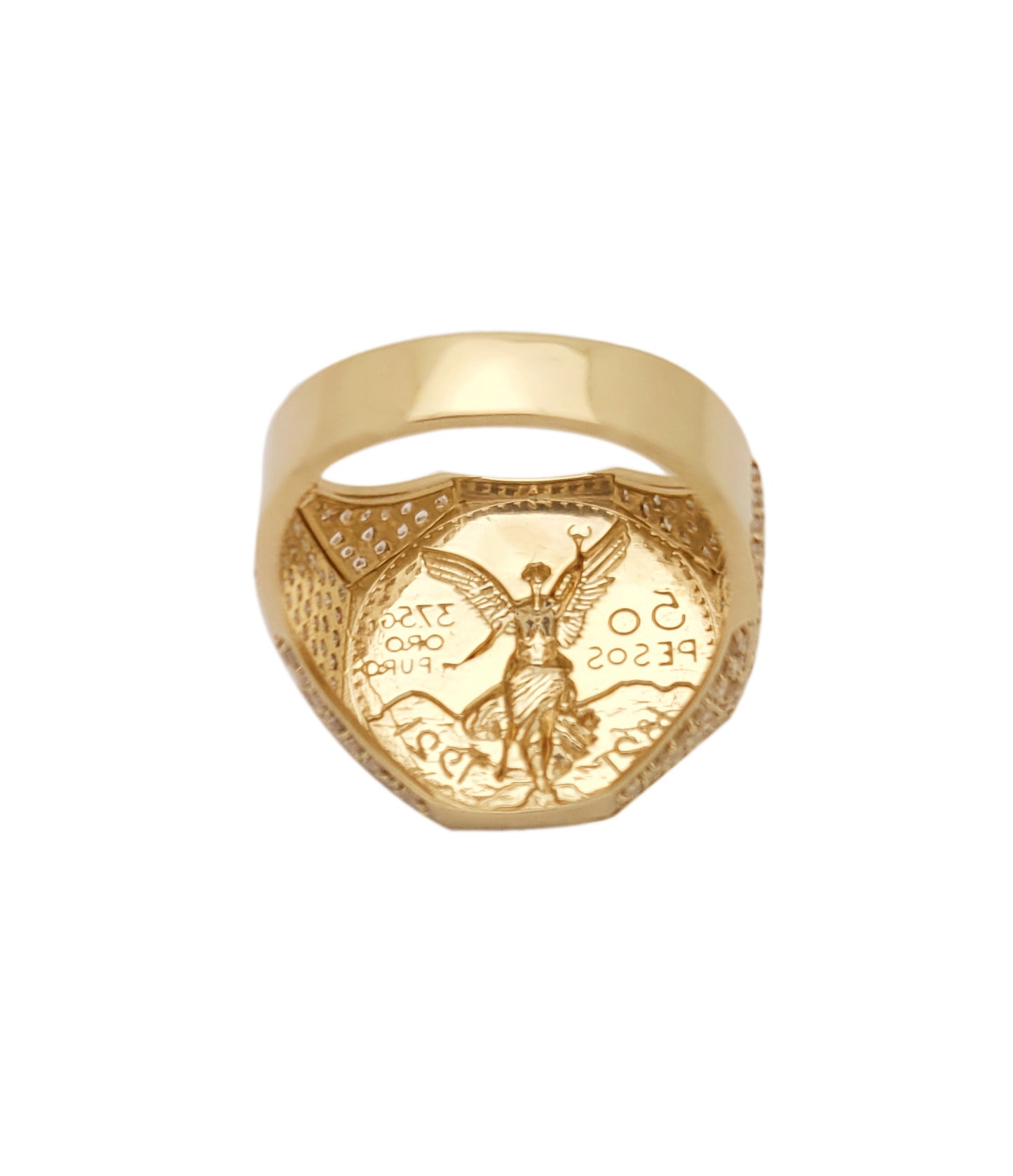 10K Yellow Gold 50 Pesos 1821 Coin Design Ring a Product cast with a coin design Octagon Ring