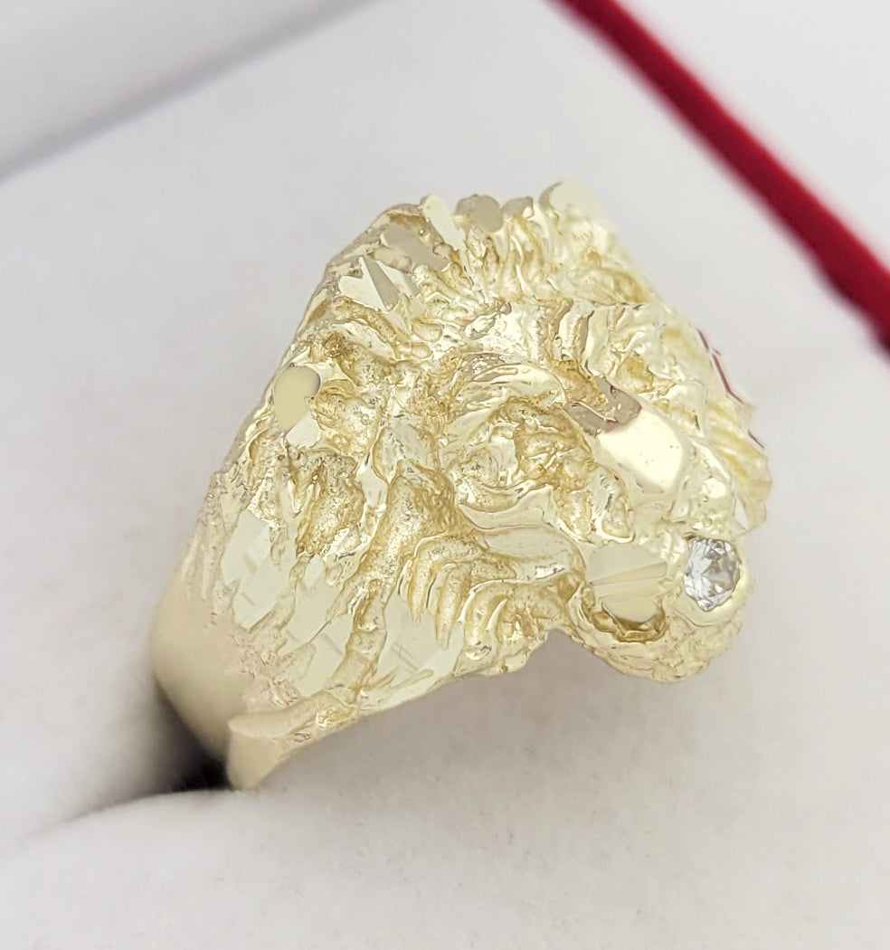 Men's Lion Head Ring 10K Yellow Gold Lion Face CZ on the Mouth Ring Size 8