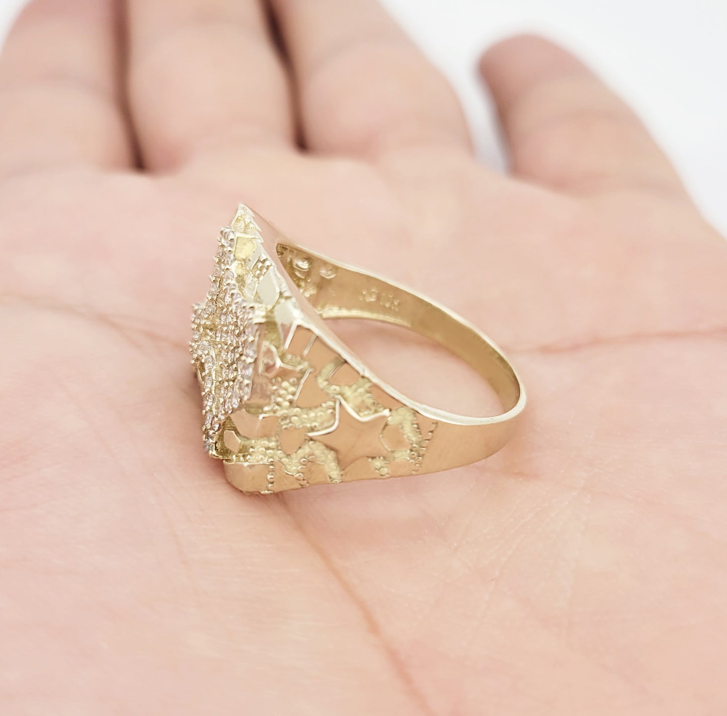 10K Yellow Gold Nugget Texas Ring For Men Texas State Gold CZ Ring