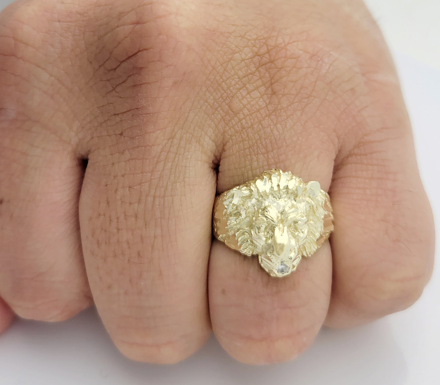 Men's Lion Head Ring 10K Yellow Gold Lion Face CZ on the Mouth Ring Size 8