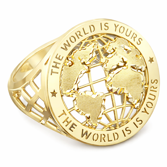 10K Yellow Gold Men's World Map Ring Globe Ring