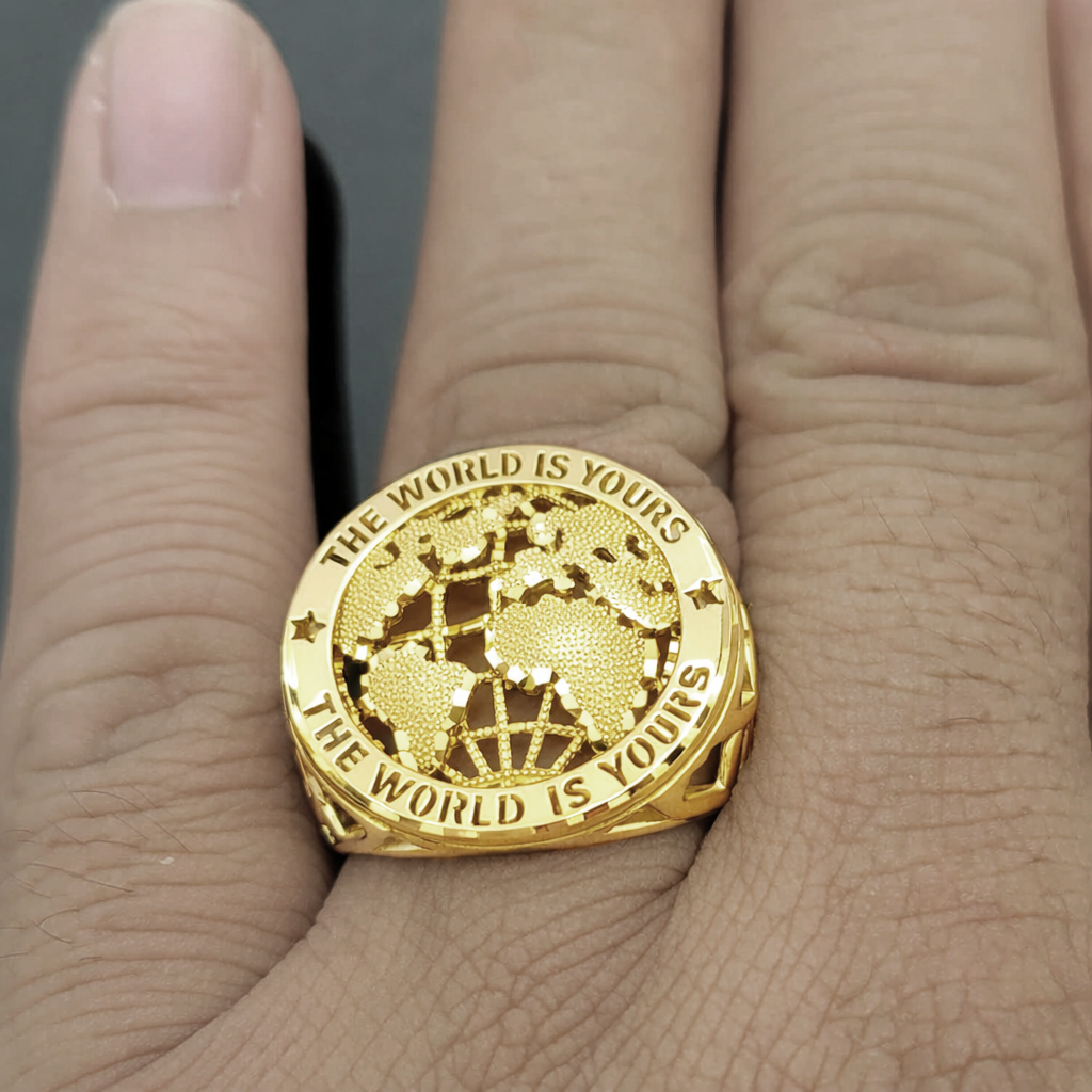 10K Yellow Gold Men's World Map Ring Globe Ring