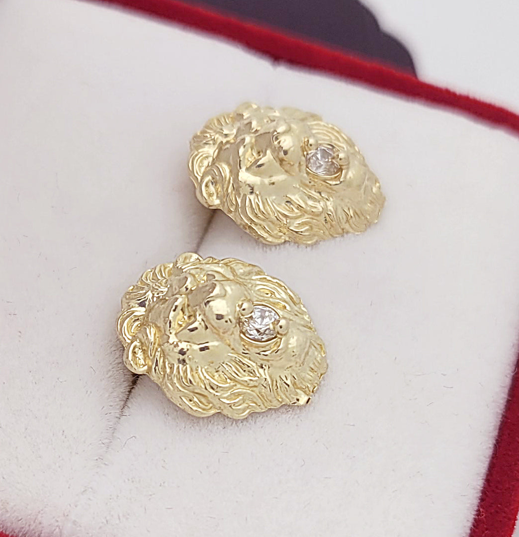 10K Yellow Gold Lion Head Earrings 14.5 mm x 12.5 mm