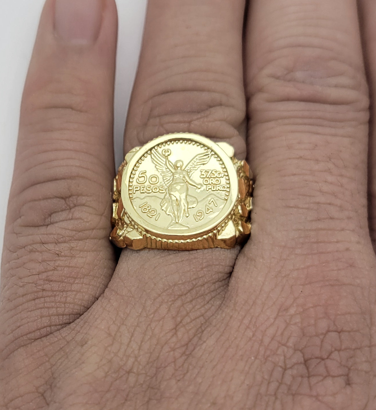 10K Yellow Gold 50 Pesos 1821 Coin Design Ring a Product cast with a coin design Thin Nugget RIng