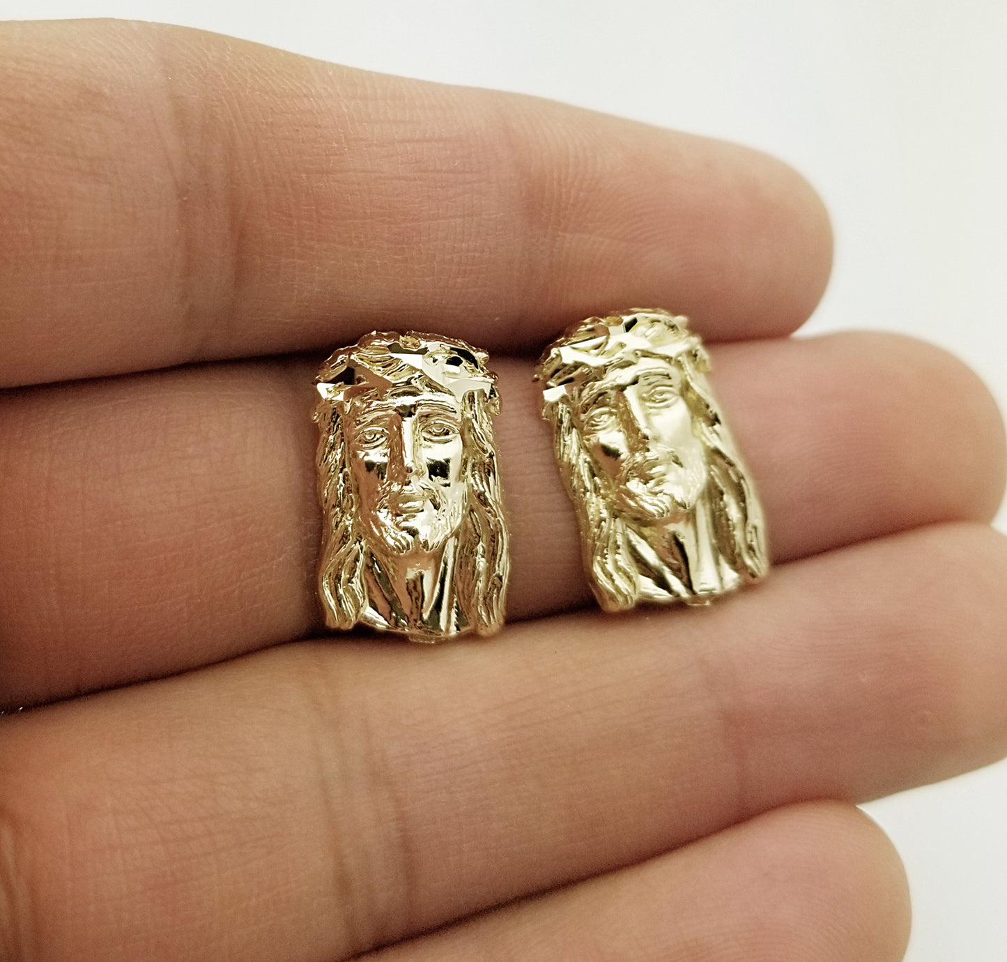 Men's 10K Yellow Gold Jesus Earrings Jesus Face Earrings 0.75 in x 0.5 in