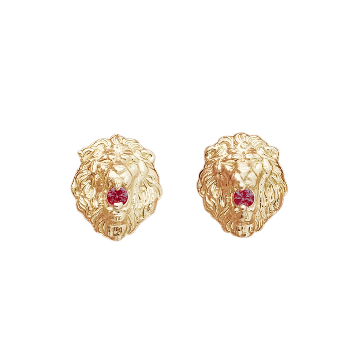 10K Yellow Gold Lion Head Earrings 0.45 inch With Red Stone CZ