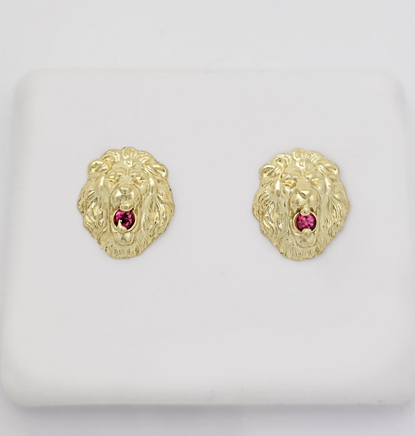 10K Yellow Gold Lion Head Earrings 0.45 inch With Red Stone CZ