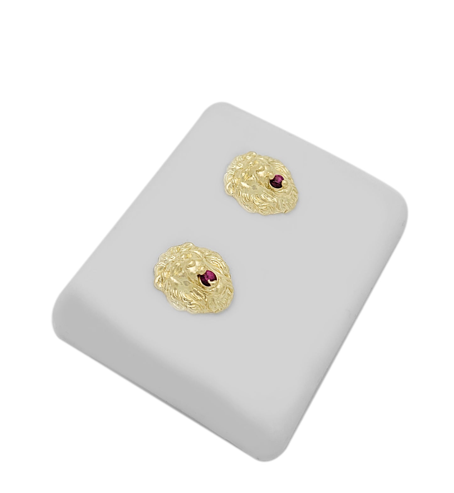 10K Yellow Gold Lion Head Earrings 0.45 inch With Red Stone CZ